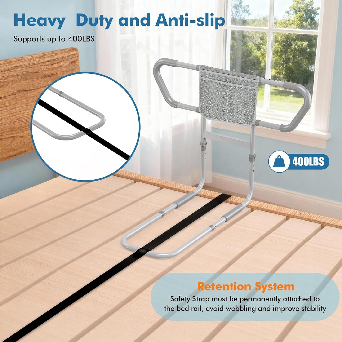 Bed Rails for Elderly Adults Safety, 2026 Upgraded & ASTM Compliant Adjustable Bed Cane with Ergonomic Non-Slip Handle, Storage Pocket, Motion Sensor Night Light,400 LB Support, Tool-Free Assembly