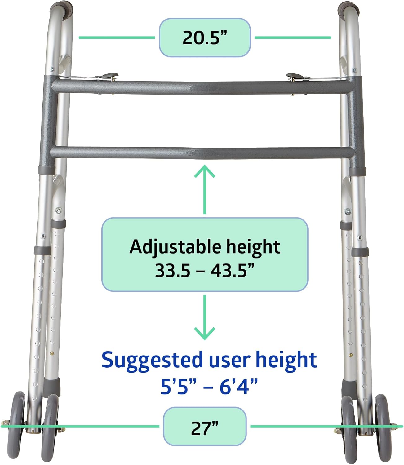 Andador plegable bariátrico de alta resistencia Medline Deeptita con ruedas de 5" y mangos duraderos, capacidad de peso de 500 lb.