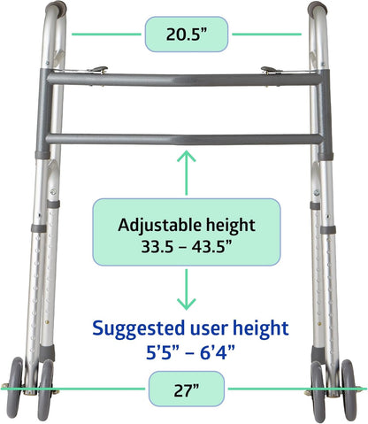 Andador plegable bariátrico de alta resistencia Medline Deeptita con ruedas de 5" y mangos duraderos, capacidad de peso de 500 lb.