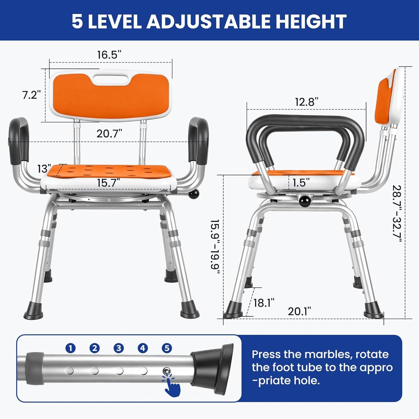 360 Swivel Shower Chair with Arms and Back, Heavy Duty [300 lbs] Padded Bath Seat for Inside Shower, Height Adjustable Rotating Shower Stool for Seniors, Elderly, Disabled & Bariatric Adults, Orange