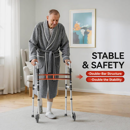 Deeptita Folding Walkers for Seniors, Medical Bariatric Walker Lightweight 5'' Front Wheel Walker Height and Width Adjustable Aluminum Standard Walker for Handicap