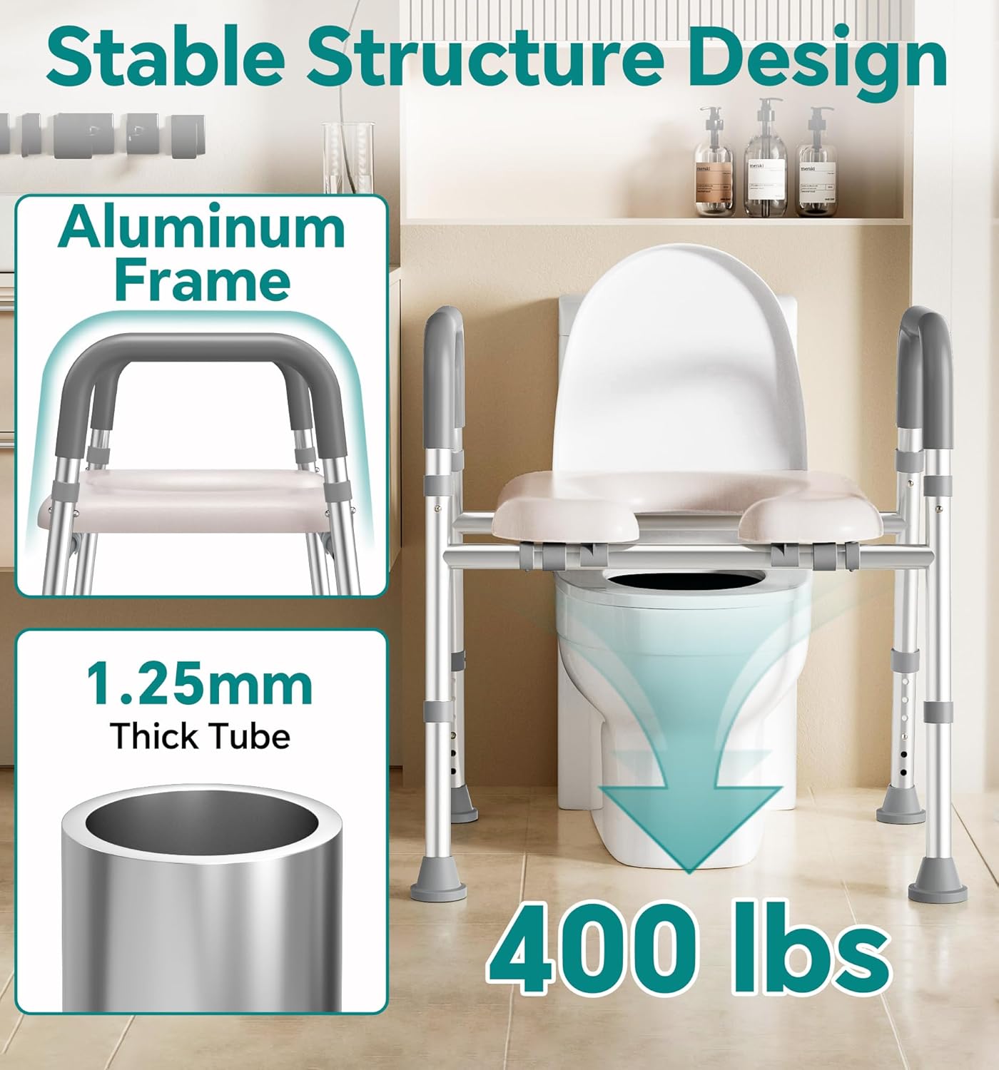 Soundfuse Toilet Seat Risers for Seniors, Raised Toilet Seat with Handles, Adjustable Height & Width, Cozy Padded 400lb Elevated Toilet Seat, Fit Any Toilet