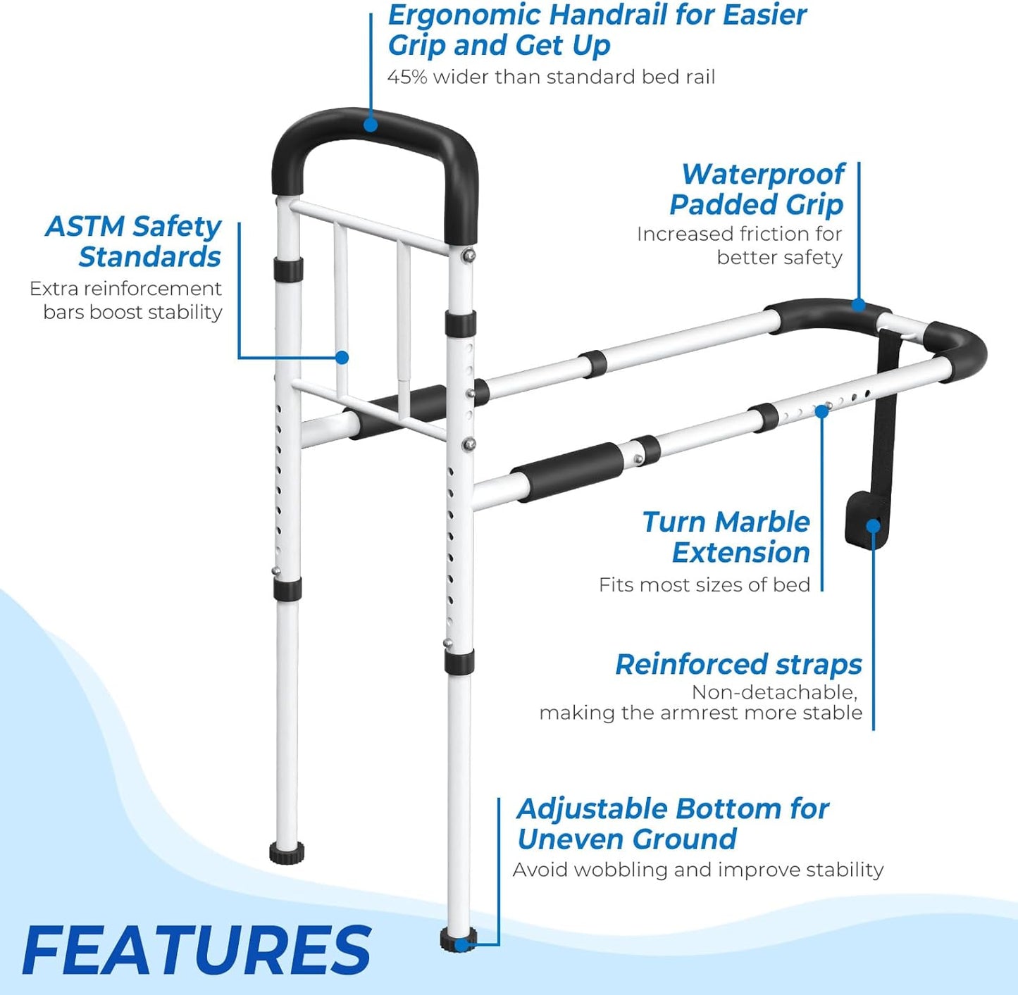 DEEPTITA Bed Rails for Elderly Adults Safety - ASTM Approved Adjustable Bed Cane Supports 350LBS with Non-Slip Grip & Storage Pocket, Stable Bed Assist Rails for Seniors, Tool-Free