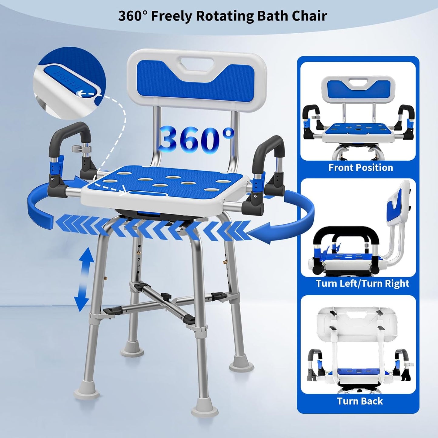 Deeptita Swivel Shower Chair with Arms and Back, Heavy Duty 500 lbs for Seniors, Elderly, Disabled, or Bariatric Adults, Bench Seat for Inside Shower Stall and Bathroom, Bathtub Seats, Adjustable Stool