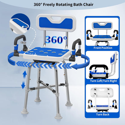 Deeptita Swivel Shower Chair with Arms and Back, Heavy Duty 500 lbs for Seniors, Elderly, Disabled, or Bariatric Adults, Bench Seat for Inside Shower Stall and Bathroom, Bathtub Seats, Adjustable Stool