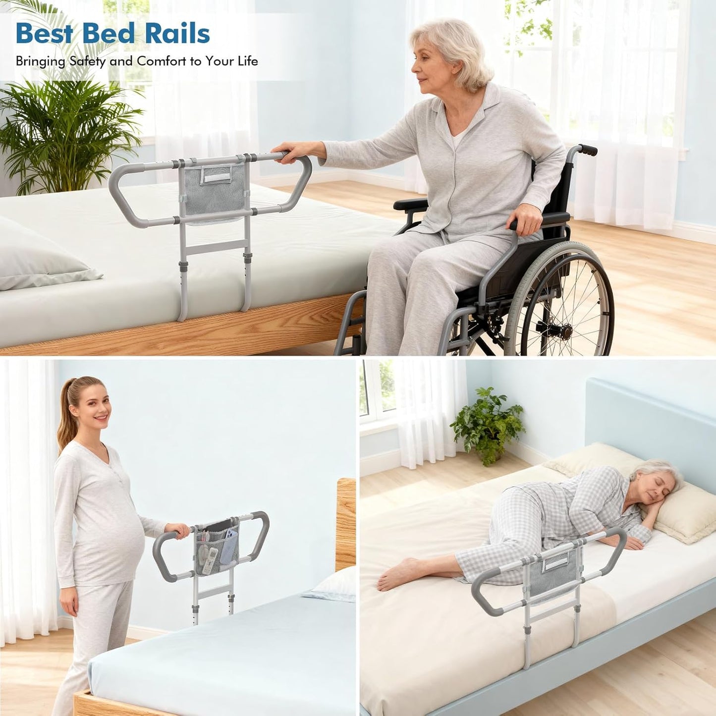 Bed Rails for Elderly Adults Safety, 2026 Upgraded & ASTM Compliant Adjustable Bed Cane with Ergonomic Non-Slip Handle, Storage Pocket, Motion Sensor Night Light,400 LB Support, Tool-Free Assembly