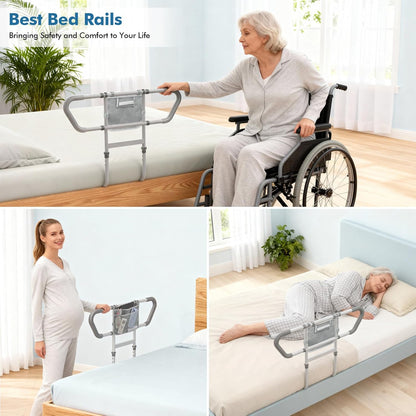 Bed Rails for Elderly Adults Safety, 2026 Upgraded & ASTM Compliant Adjustable Bed Cane with Ergonomic Non-Slip Handle, Storage Pocket, Motion Sensor Night Light,400 LB Support, Tool-Free Assembly