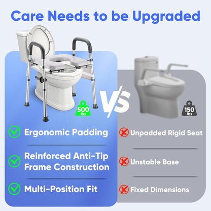 Raised Toilet Seat with Handles, Toilet Seat Riser for Seniors with Adjustable Height & Width, Cozy Padded 500lb Handicap Toilet Seat for Elderly, Surgery, Pregnant, Fit Any Toilet, Assist Getting Up