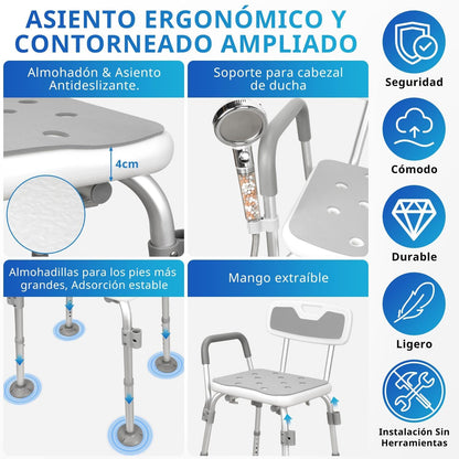 Adjustable Height Adult Shower Chair, Bath Chair, Maximum Load of 150 kg, with Removable Arms, for Elderly People, Pregnant Women, One Leg Injury