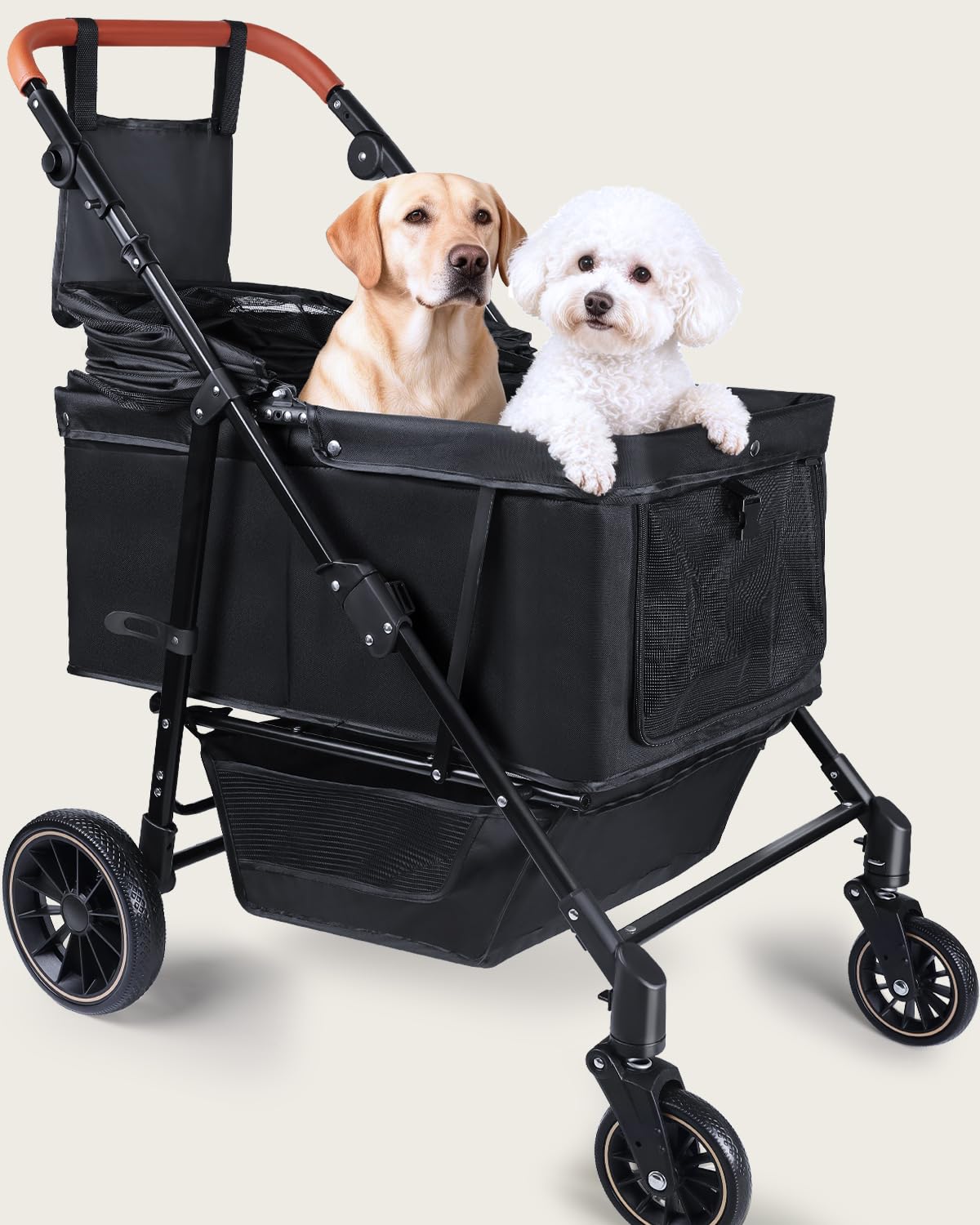 Dog Stroller for Large & Medium Dogs (20–132 lbs), Pet Stroller for 2 Small Dogs with Adjustable Handle & Canopy, Sun Shades, Storage Organizer, Foldable & Ventilated, Black