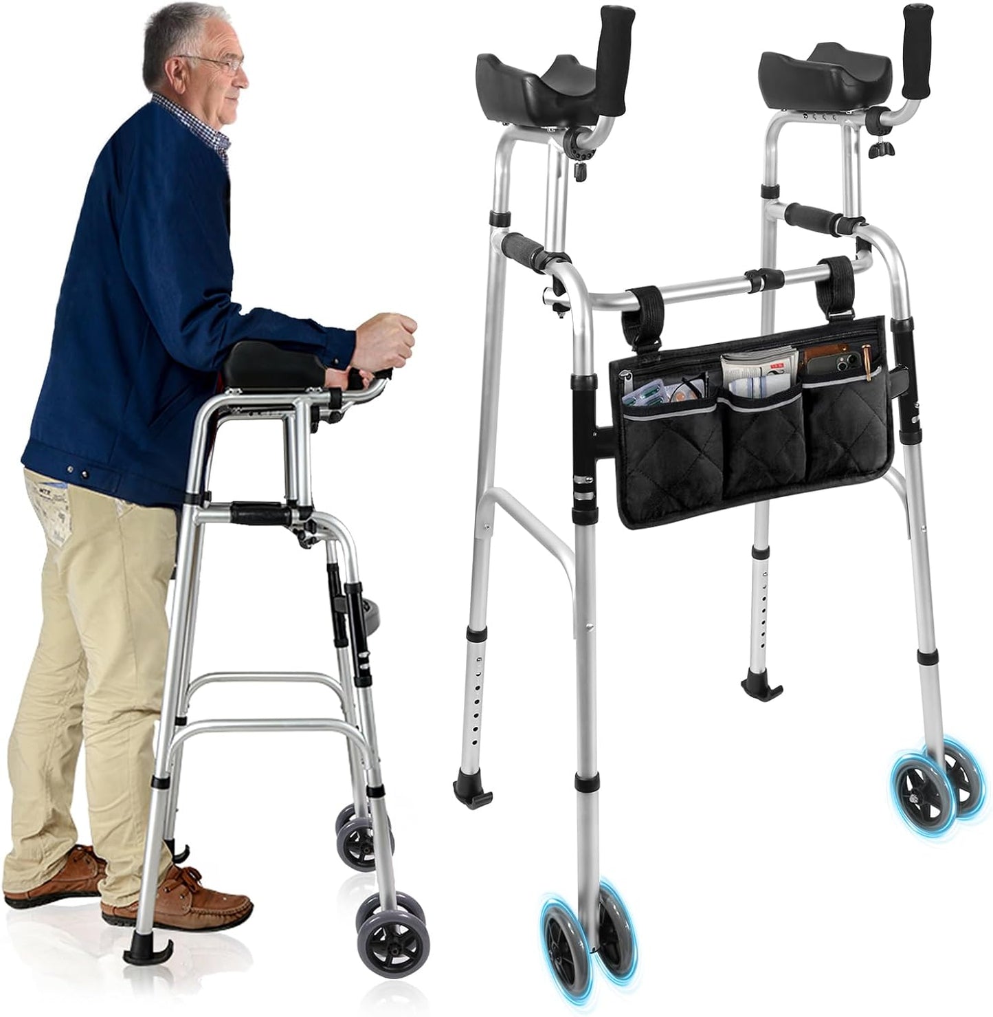 Deeptita Stepped Handrail Walker with 6-inch Bearings Wheels - Aluminum Foldable Walkers for Seniors, 8-Level Height Adjustable Walkers for Elderly, Lightweight Folding Walker with Small Bag, Silver