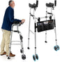 Deeptita Stepped Handrail Walker with 6-inch Bearings Wheels - Aluminum Foldable Walkers for Seniors, 8-Level Height Adjustable Walkers for Elderly, Lightweight Folding Walker with Small Bag, Silver