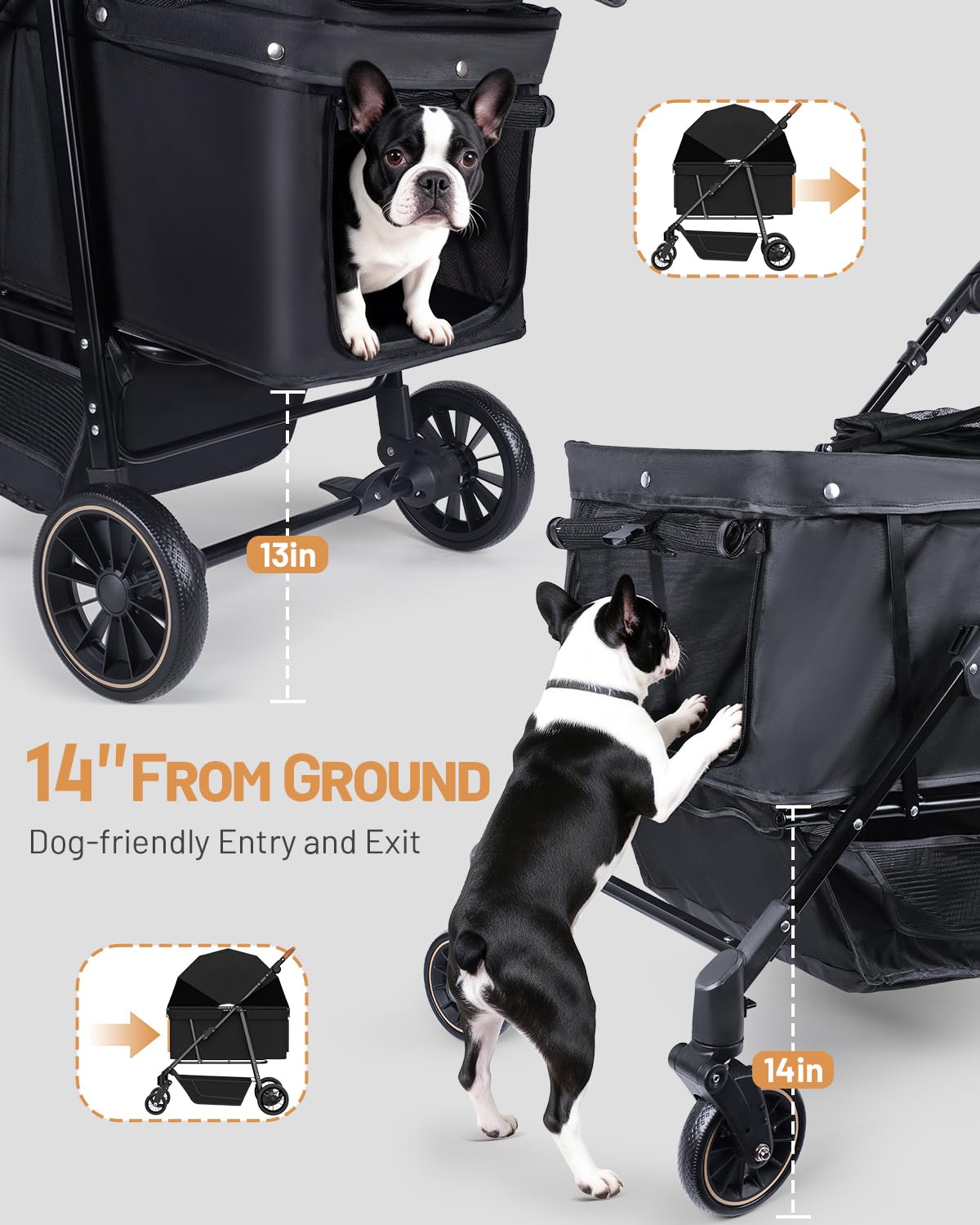 Dog Stroller for Large & Medium Dogs (20–132 lbs), Pet Stroller for 2 Small Dogs with Adjustable Handle & Canopy, Sun Shades, Storage Organizer, Foldable & Ventilated, Black