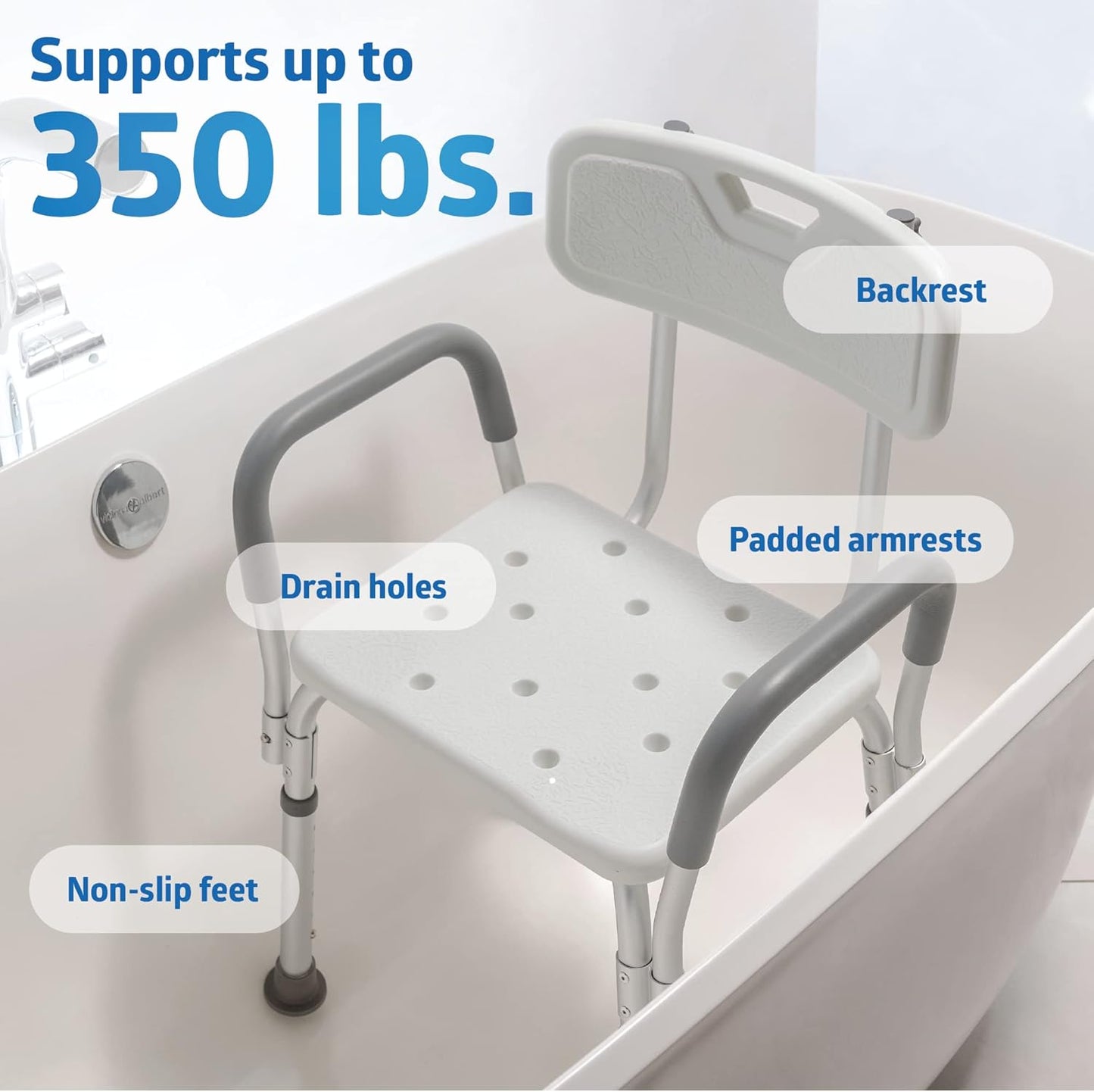 Medline Shower Chair Seat with Padded Armrests and Back, Heavy Duty Shower Stool for Bathtub, Slip Resistant Shower Seat with Adjustable Height, Shower Bench for Inside Shower with 350 lb Capacity