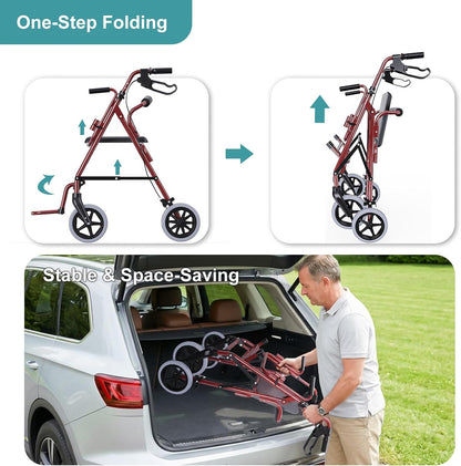 Deeptita Rollator Walkers for Seniors with Seat, 2-in-1 Rolling Walker Wheelchair Combo, 8 Inch All-Terrain Wheels, 300 lbs Capacity, Foldable Lightweight Walking Aid with Storage Bag, Adjustable Handles, Red
