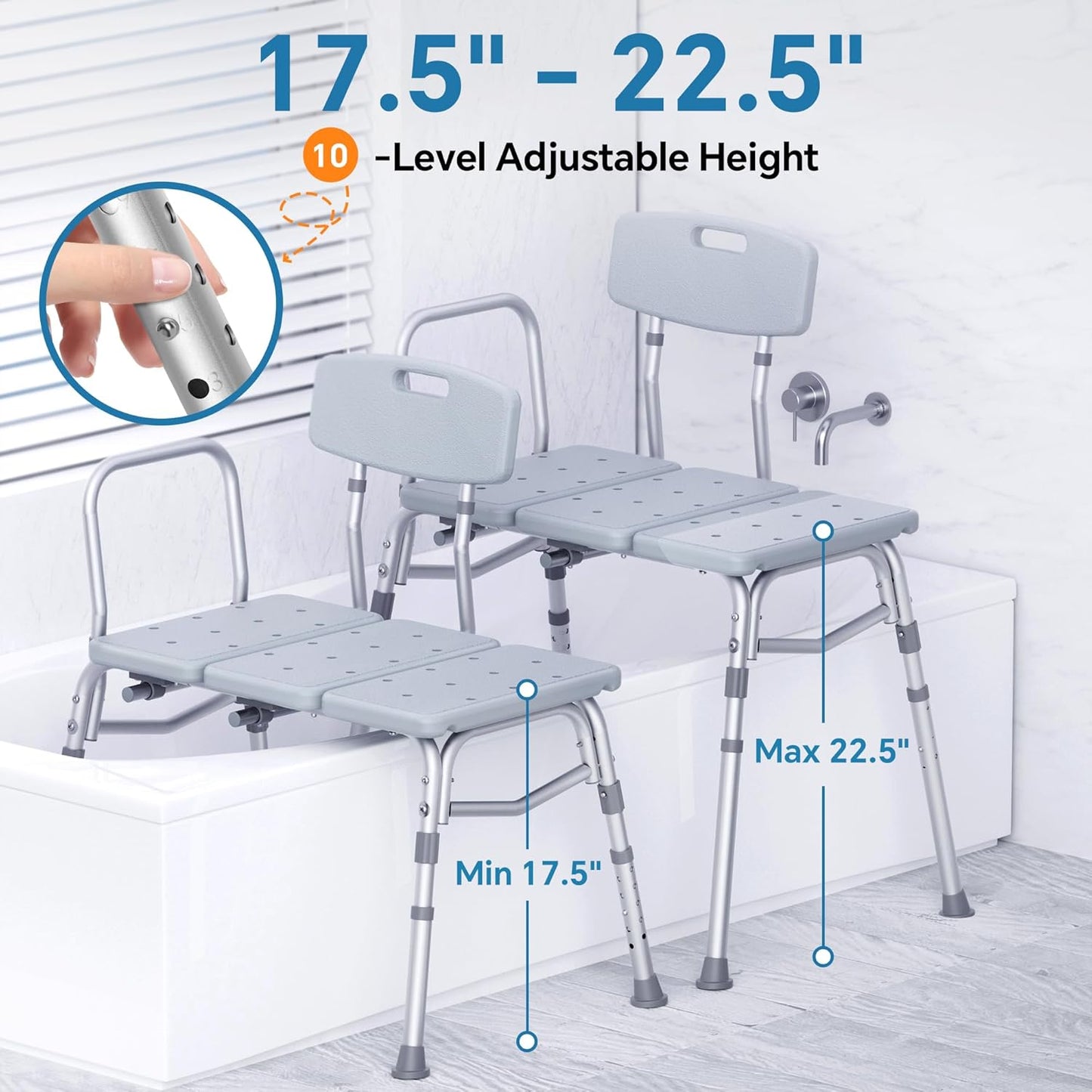 DEEPTITA Bathtub Transfer Bench, 400 Lbs Heavy Duty Shower Chair with Back, Non-Slip Feet, Height Adjustable Shower Bench for Elderly and Disabled