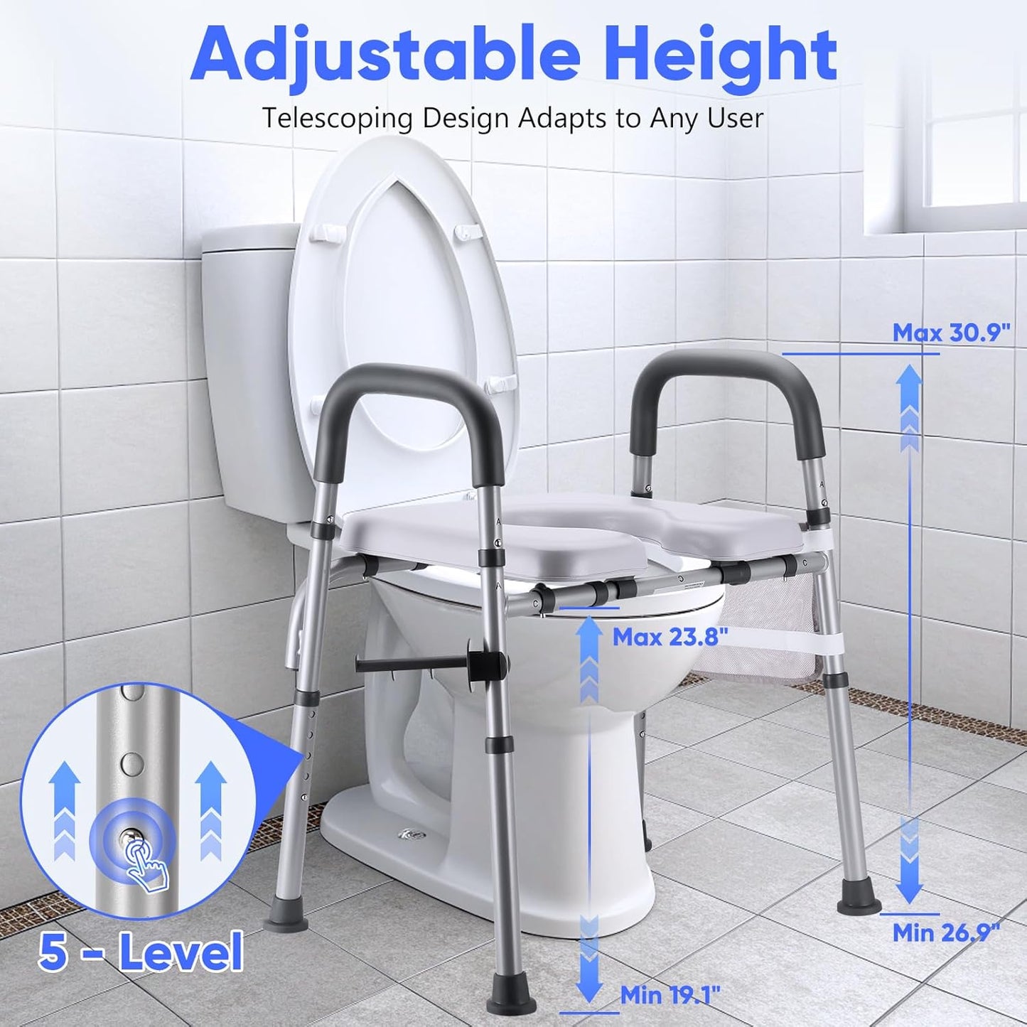 Raised Toilet Seat with Handles, Toilet Seat Riser for Seniors with Adjustable Height & Width, Cozy Padded 500lb Handicap Toilet Seat for Elderly, Surgery, Pregnant, Fit Any Toilet, Assist Getting Up