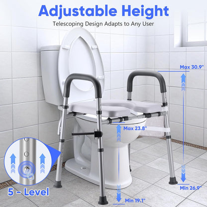 Raised Toilet Seat with Handles, Toilet Seat Riser for Seniors with Adjustable Height & Width, Cozy Padded 500lb Handicap Toilet Seat for Elderly, Surgery, Pregnant, Fit Any Toilet, Assist Getting Up