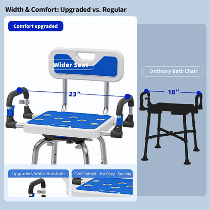 Deeptita Swivel Shower Chair with Arms and Back, Heavy Duty 500 lbs for Seniors, Elderly, Disabled, or Bariatric Adults, Bench Seat for Inside Shower Stall and Bathroom, Bathtub Seats, Adjustable Stool