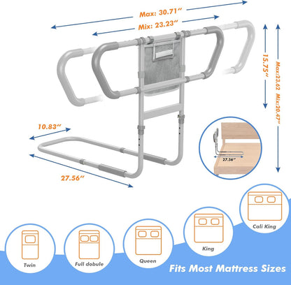 Bed Rails for Elderly Adults Safety, 2026 Upgraded & ASTM Compliant Adjustable Bed Cane with Ergonomic Non-Slip Handle, Storage Pocket, Motion Sensor Night Light,400 LB Support, Tool-Free Assembly