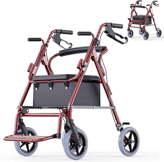 Deeptita Rollator Walkers for Seniors with Seat, 2-in-1 Rolling Walker Wheelchair Combo, 8 Inch All-Terrain Wheels, 300 lbs Capacity, Foldable Lightweight Walking Aid with Storage Bag, Adjustable Handles, Red