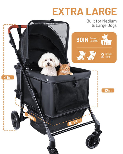 Dog Stroller for Large & Medium Dogs (20–132 lbs), Pet Stroller for 2 Small Dogs with Adjustable Handle & Canopy, Sun Shades, Storage Organizer, Foldable & Ventilated, Black