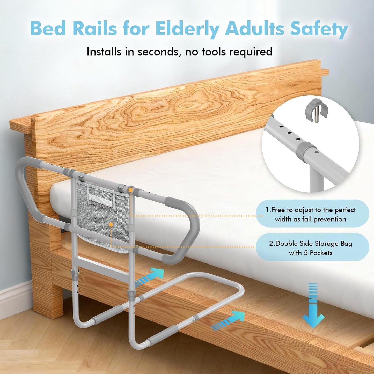 Bed Rails for Elderly Adults Safety, 2026 Upgraded & ASTM Compliant Adjustable Bed Cane with Ergonomic Non-Slip Handle, Storage Pocket, Motion Sensor Night Light,400 LB Support, Tool-Free Assembly