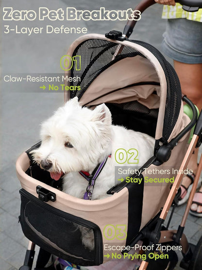 Small Dog Stroller, Pet Stroller for Small Dogs, 5-in-1 Dog Strollers - Fold All in One Without Detaching Carrier, Pet Strollers with Removable Waterproof Carrier for Dogs Cats 10 lbs 20 lbs - Khaki