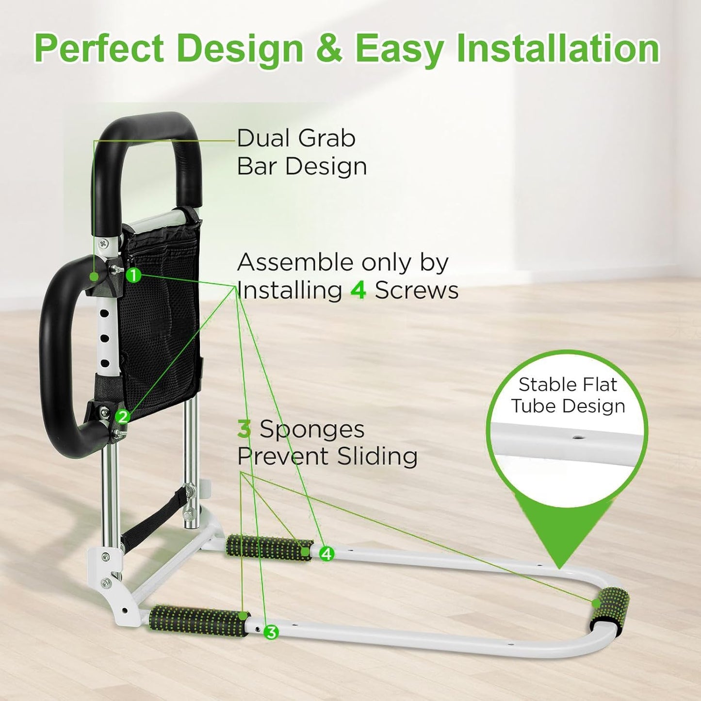 Ojiud Foldable Bed Rails for Elderly Adults Safety with Three Storage Pockets, Adjustable Bed Assist Rails for Seniors, Portable & Sturdy Grab Bar Bed Cane for King/Queen/Full/Twin (L)