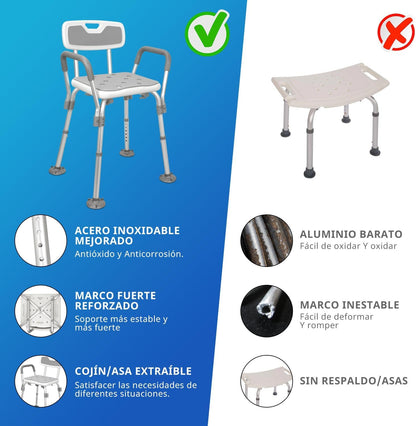 Adjustable Height Adult Shower Chair, Bath Chair, Maximum Load of 150 kg, with Removable Arms, for Elderly People, Pregnant Women, One Leg Injury