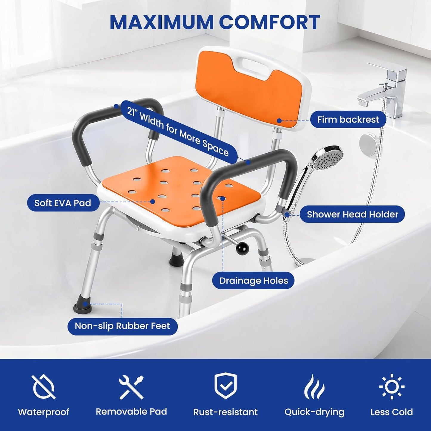 360 Swivel Shower Chair with Arms and Back, Heavy Duty [300 lbs] Padded Bath Seat for Inside Shower, Height Adjustable Rotating Shower Stool for Seniors, Elderly, Disabled & Bariatric Adults, Orange
