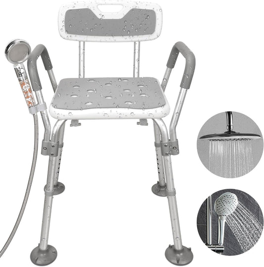 Adjustable Height Adult Shower Chair, Bath Chair, Maximum Load of 150 kg, with Removable Arms, for Elderly People, Pregnant Women, One Leg Injury