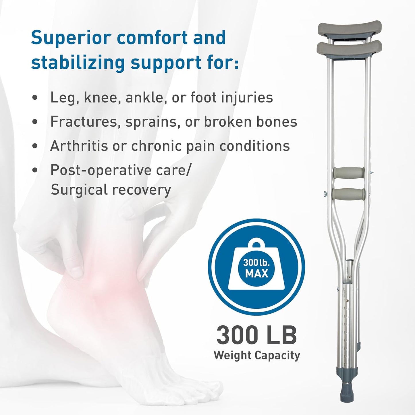 Deeptita Aluminum Crutches for Adults and Children – Pair of Lightweight, Height Adjustable Crutches – Includes Padded Underarm Cushions, Hand Grips, & Rubber Tips – Max. Weight Capacity 300 lb.