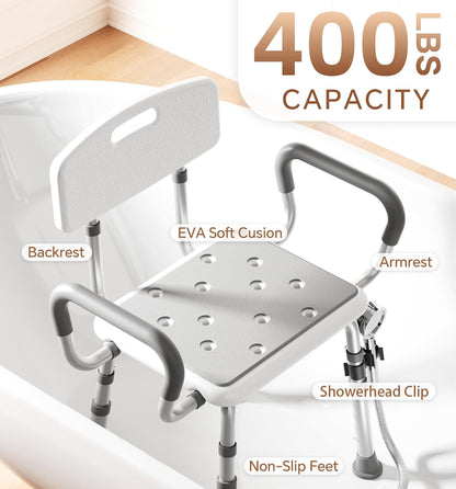 Silla de ducha Deeptita para dentro de la ducha con brazos y respaldo, silla de ducha ajustable en altura para ancianos y discapacitados con pies antideslizantes mejorados, asiento de ducha resistente de 400 lbs para personas mayores