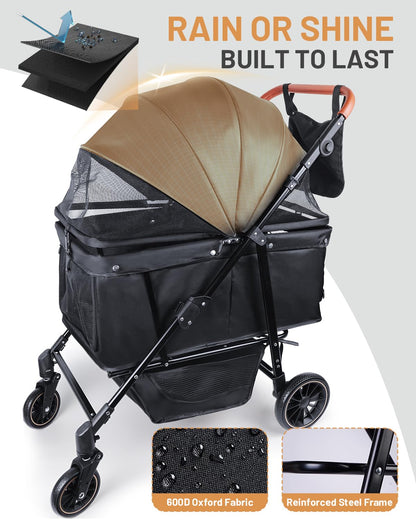Dog Stroller for Large & Medium Dogs (20–132 lbs), Pet Stroller for 2 Small Dogs with Adjustable Handle & Canopy, Sun Shades, Storage Organizer, Foldable & Ventilated, Black