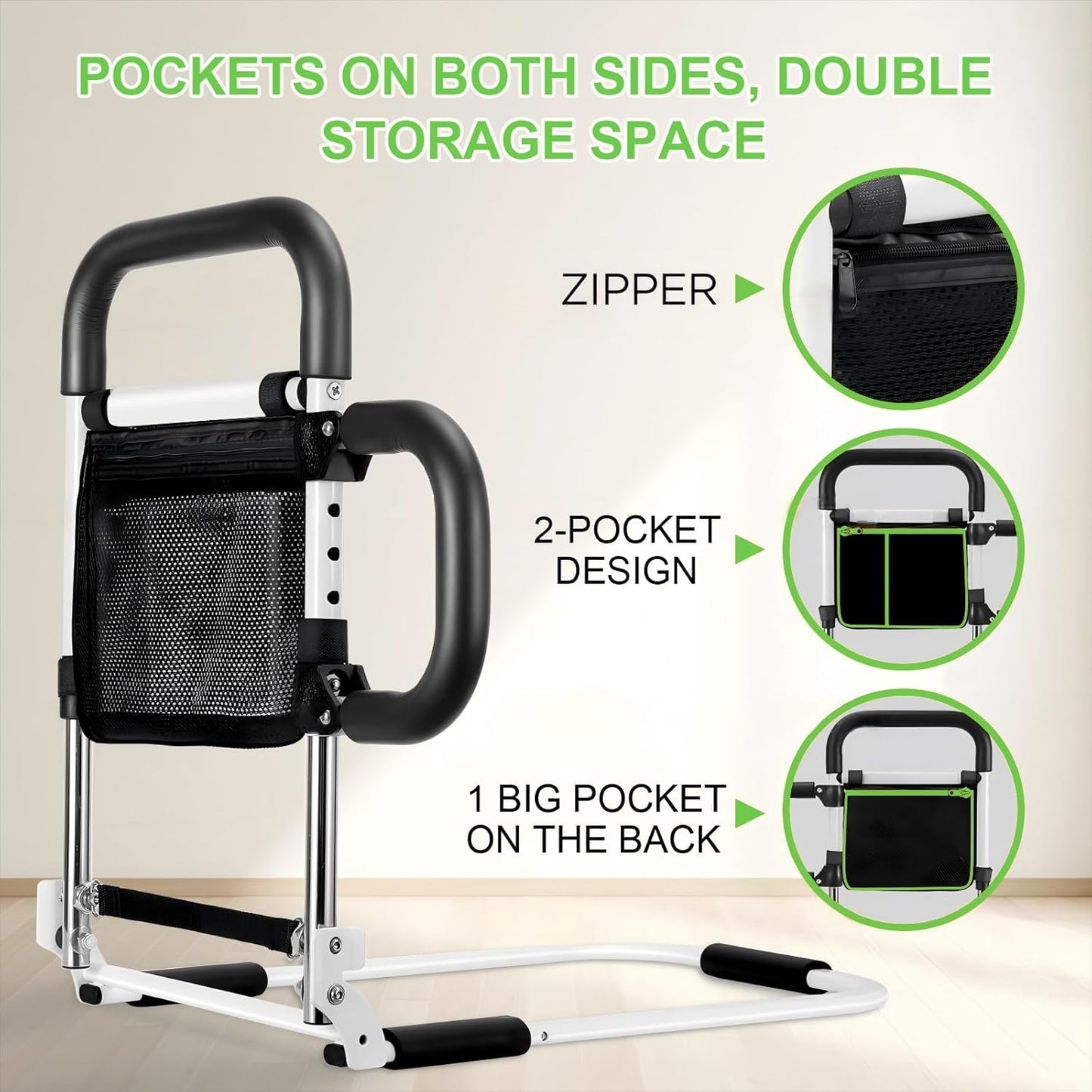Ojiud Foldable Bed Rails for Elderly Adults Safety with Three Storage Pockets, Adjustable Bed Assist Rails for Seniors, Portable & Sturdy Grab Bar Bed Cane for King/Queen/Full/Twin (L)