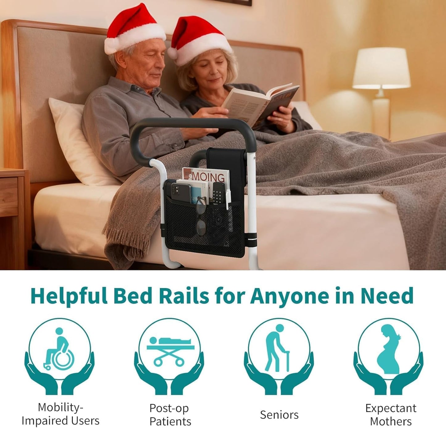 Deeptita Bed Rails for Elderly Adults Safety, Height and Length Adjustable Bed Assist Rail for Senior, Bedrail with 2 Bag & Strap, Help Get in & Out of Bed, Fit Most Bed, Supports 300 lbs, Tool-Free