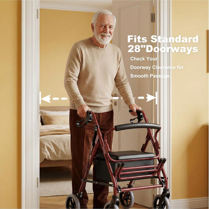 Deeptita Rollator Walkers for Seniors with Seat, 2-in-1 Rolling Walker Wheelchair Combo, 8 Inch All-Terrain Wheels, 300 lbs Capacity, Foldable Lightweight Walking Aid with Storage Bag, Adjustable Handles, Red
