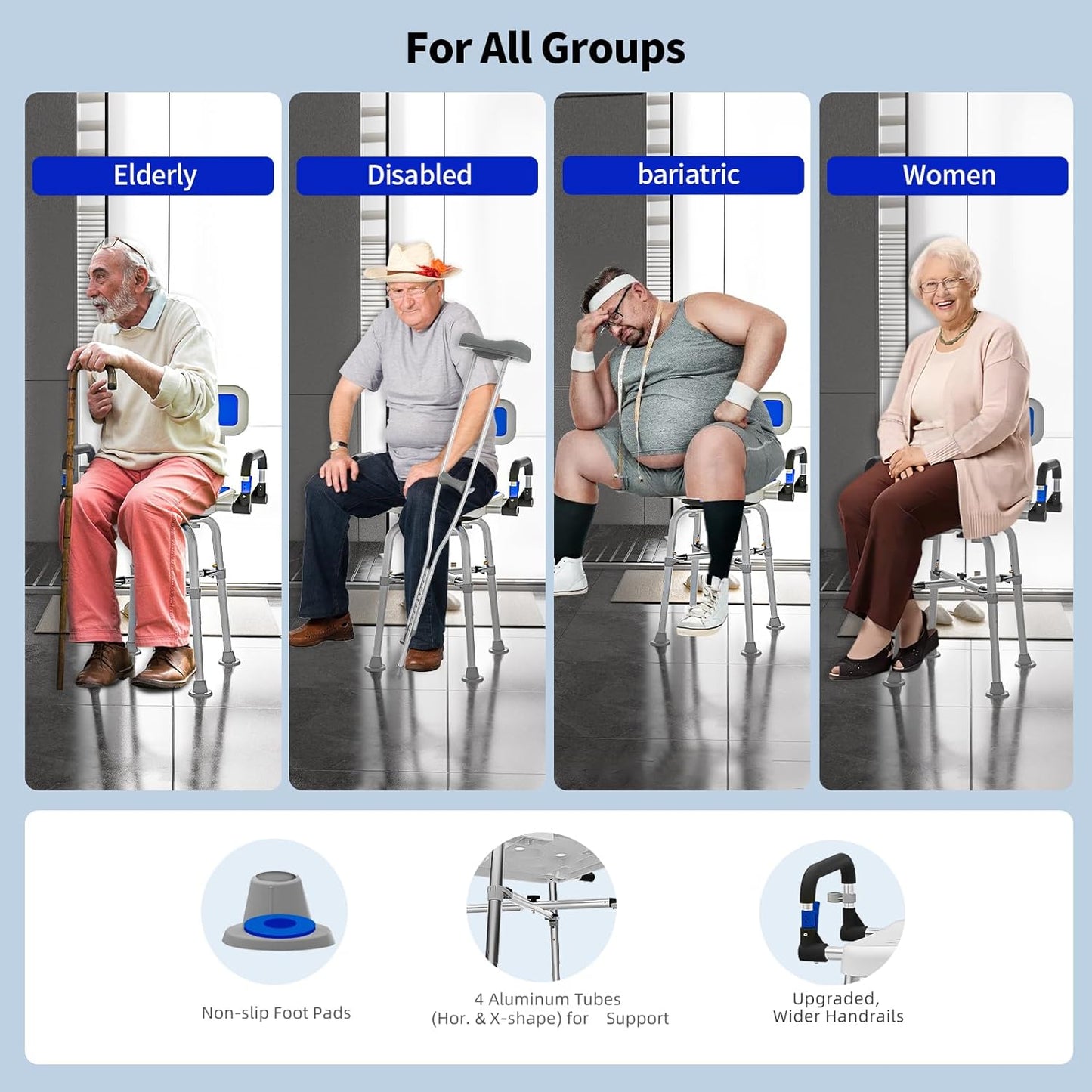 Deeptita Swivel Shower Chair with Arms and Back, Heavy Duty 500 lbs for Seniors, Elderly, Disabled, or Bariatric Adults, Bench Seat for Inside Shower Stall and Bathroom, Bathtub Seats, Adjustable Stool