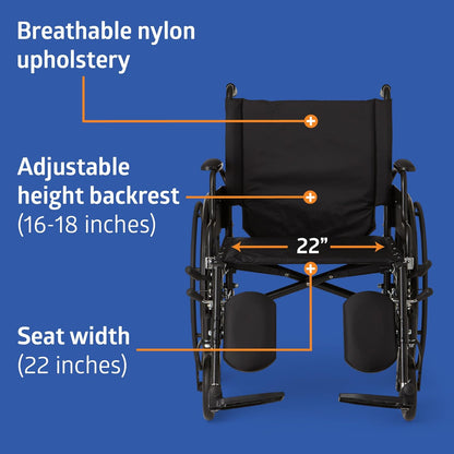 DEEPTITA Ultra-Lightweight Wheelchair with Flip-Back Desk Arms and Elevating Leg Rests for Extra Comfort, Black, 22” x 18" Seat