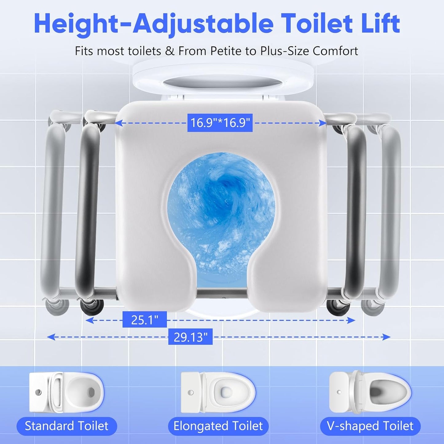 Raised Toilet Seat with Handles, Toilet Seat Riser for Seniors with Adjustable Height & Width, Cozy Padded 500lb Handicap Toilet Seat for Elderly, Surgery, Pregnant, Fit Any Toilet, Assist Getting Up