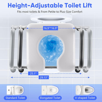 Raised Toilet Seat with Handles, Toilet Seat Riser for Seniors with Adjustable Height & Width, Cozy Padded 500lb Handicap Toilet Seat for Elderly, Surgery, Pregnant, Fit Any Toilet, Assist Getting Up