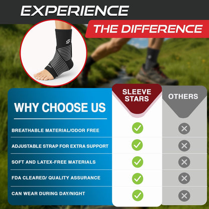 Sleeve Stars Ankle Brace for Women & Men, Ankle Wrap for Sprain, Compression Sleeve for Plantar Fasciitis Relief, Easy Customizable Support: w/ Removable Strap (Single/M:10"-12"/Black)