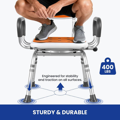 360 Swivel Shower Chair with Arms and Back, Heavy Duty [300 lbs] Padded Bath Seat for Inside Shower, Height Adjustable Rotating Shower Stool for Seniors, Elderly, Disabled & Bariatric Adults, Orange