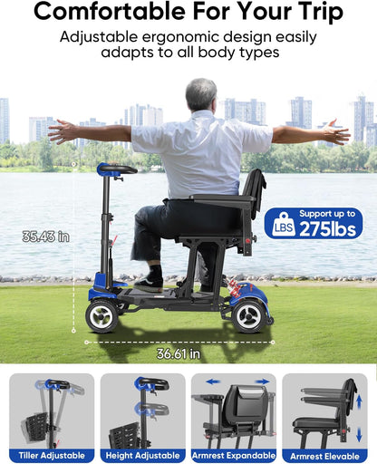 Mobility Scooter for Adults, Seniors - 37.5 lbs Ultra Lightweight Folding Mobility Scooters for Seniors Airport Approved, All Terrain 4 Wheel Motorized Scooter for Travel, 275 lbs Capacity, Blue
