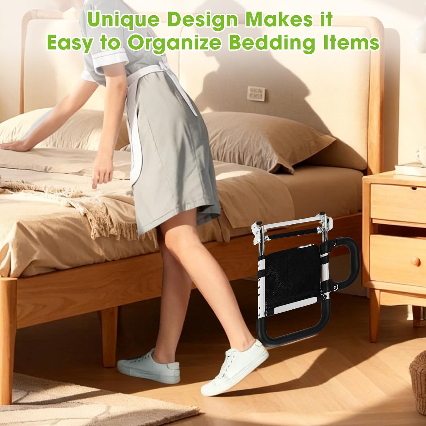 Ojiud Foldable Bed Rails for Elderly Adults Safety with Three Storage Pockets, Adjustable Bed Assist Rails for Seniors, Portable & Sturdy Grab Bar Bed Cane for King/Queen/Full/Twin (L)