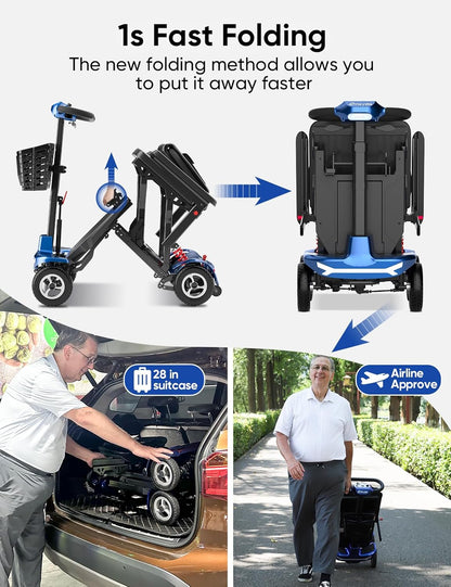 Mobility Scooter for Adults, Seniors - 37.5 lbs Ultra Lightweight Folding Mobility Scooters for Seniors Airport Approved, All Terrain 4 Wheel Motorized Scooter for Travel, 275 lbs Capacity, Blue