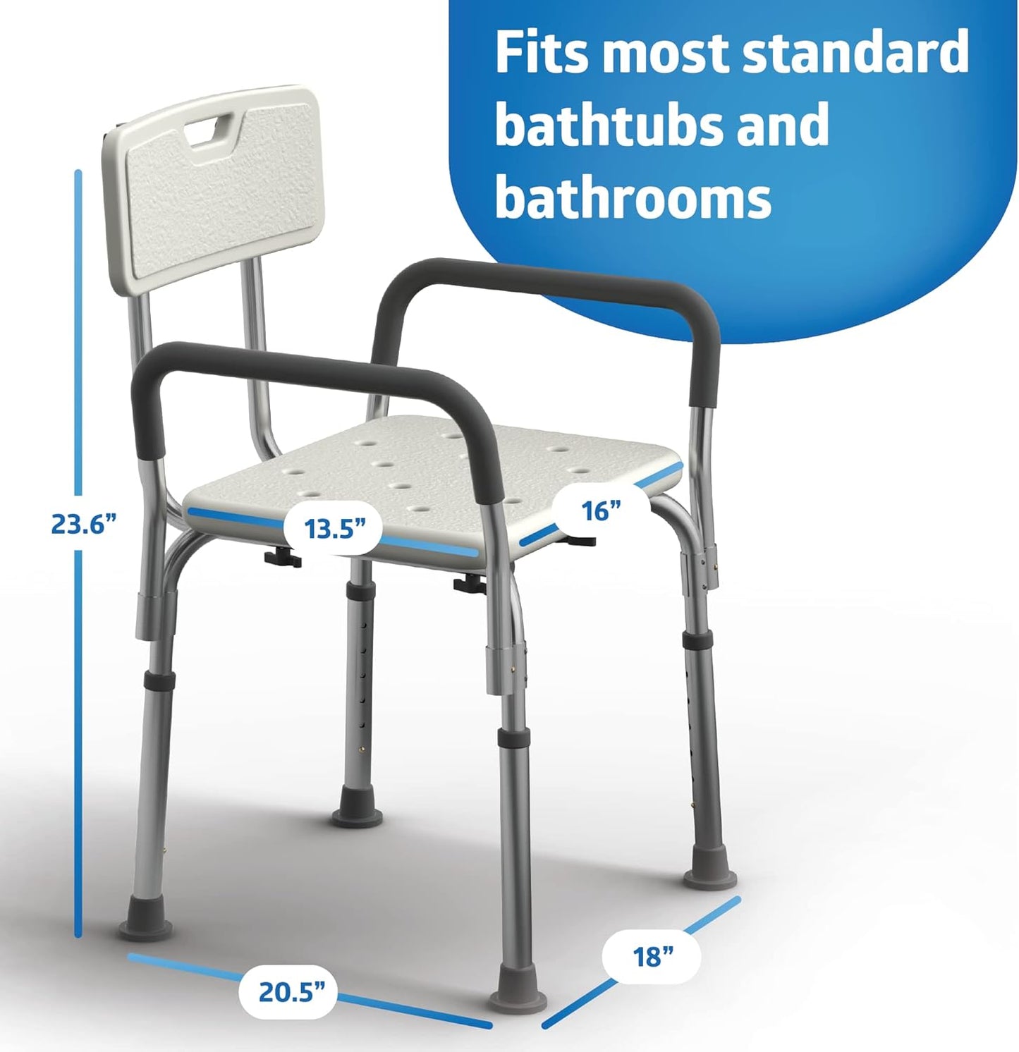 Medline Shower Chair Seat with Padded Armrests and Back, Heavy Duty Shower Stool for Bathtub, Slip Resistant Shower Seat with Adjustable Height, Shower Bench for Inside Shower with 350 lb Capacity