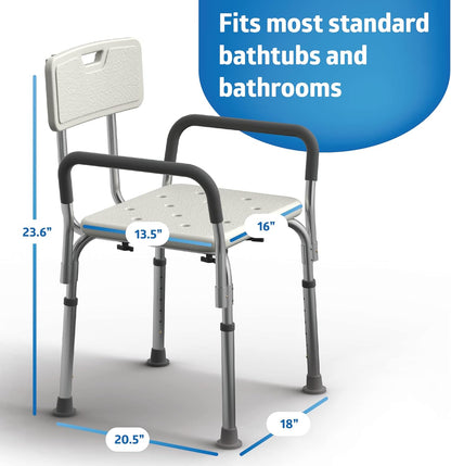 Medline Shower Chair Seat with Padded Armrests and Back, Heavy Duty Shower Stool for Bathtub, Slip Resistant Shower Seat with Adjustable Height, Shower Bench for Inside Shower with 350 lb Capacity