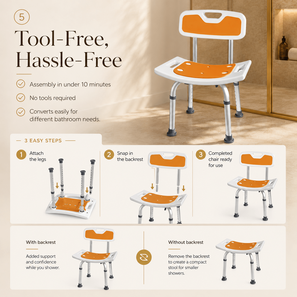 DeepTita Adjustable Shower Chair, Bath, 13.5-18.5", 300lb for modern home mobility, recovery, and everyday confidence